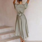 Leonie Satin Deep V-Neck Flutter Sleeve Midi Dress