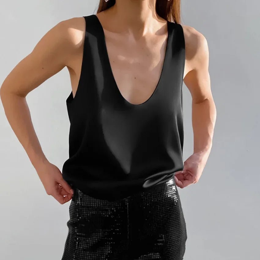 Hannah Satin Deep U-Neck Tank Top