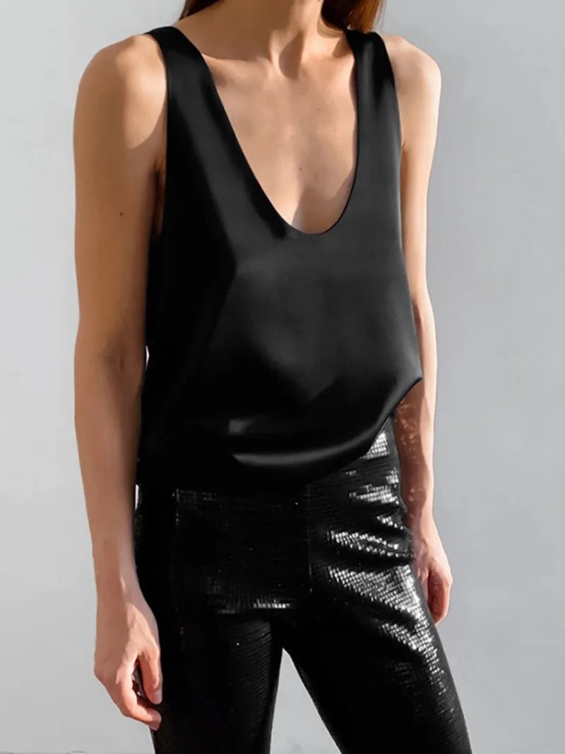 Hannah Satin Deep U-Neck Tank Top