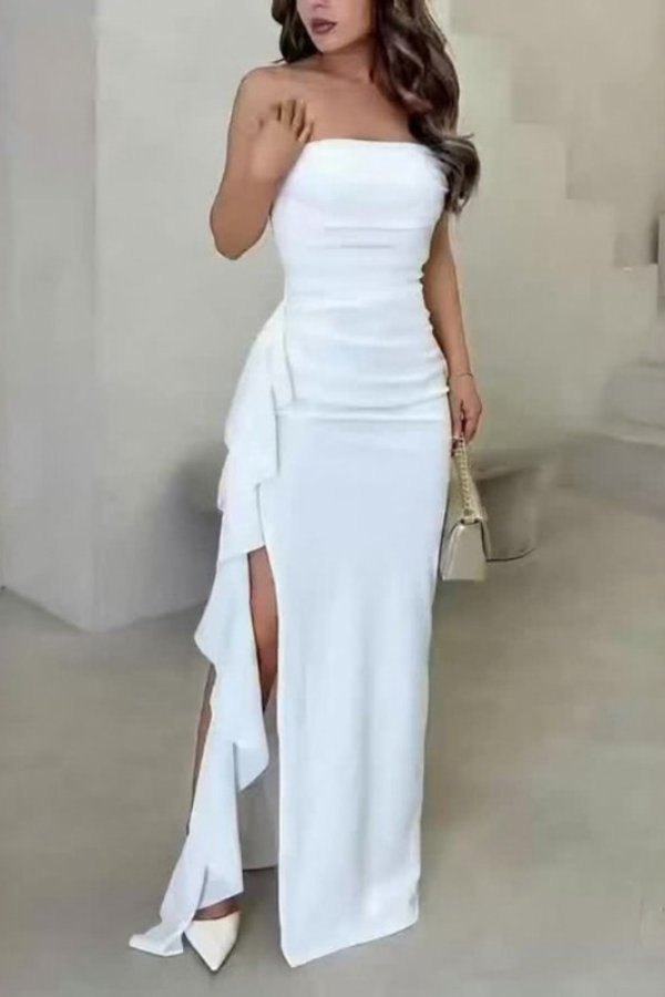 Greta Strapless Satin Ruched High-Slit Wrap Dress