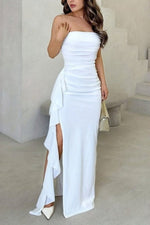 Greta Strapless Satin Ruched High-Slit Wrap Dress