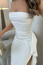 Greta Strapless Satin Ruched High-Slit Wrap Dress