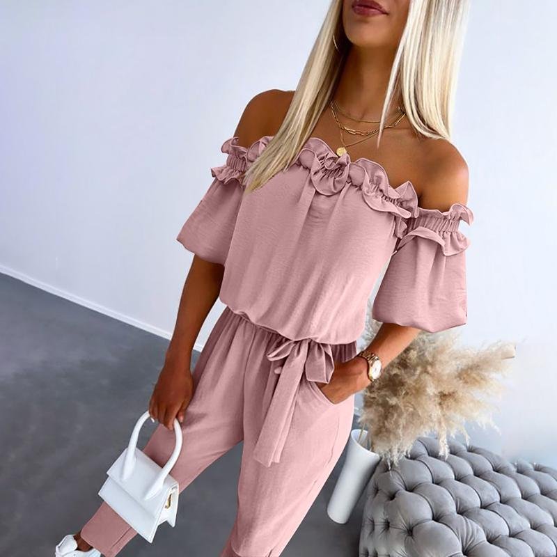 Amelie Off-Shoulder Ruffle Tie-Waist Jumpsuit