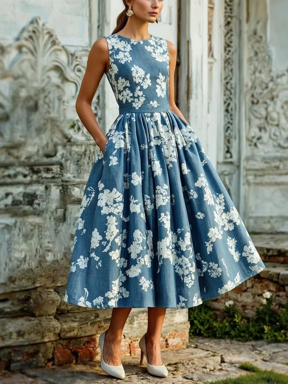 Leonie Off-Shoulder Linen Midi Dress with Floral Print