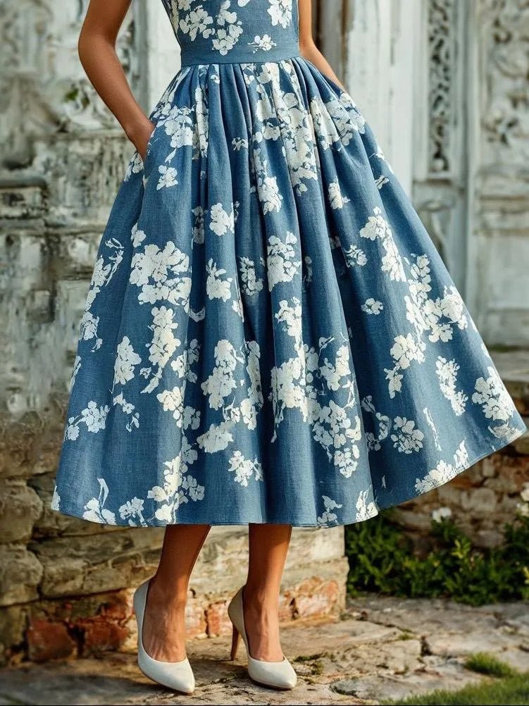 Leonie Off-Shoulder Linen Midi Dress with Floral Print