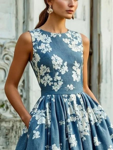 Leonie Off-Shoulder Linen Midi Dress with Floral Print