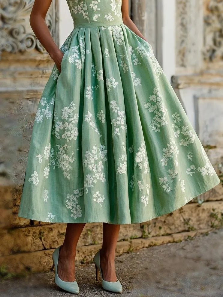 Leonie Off-Shoulder Linen Midi Dress with Floral Print