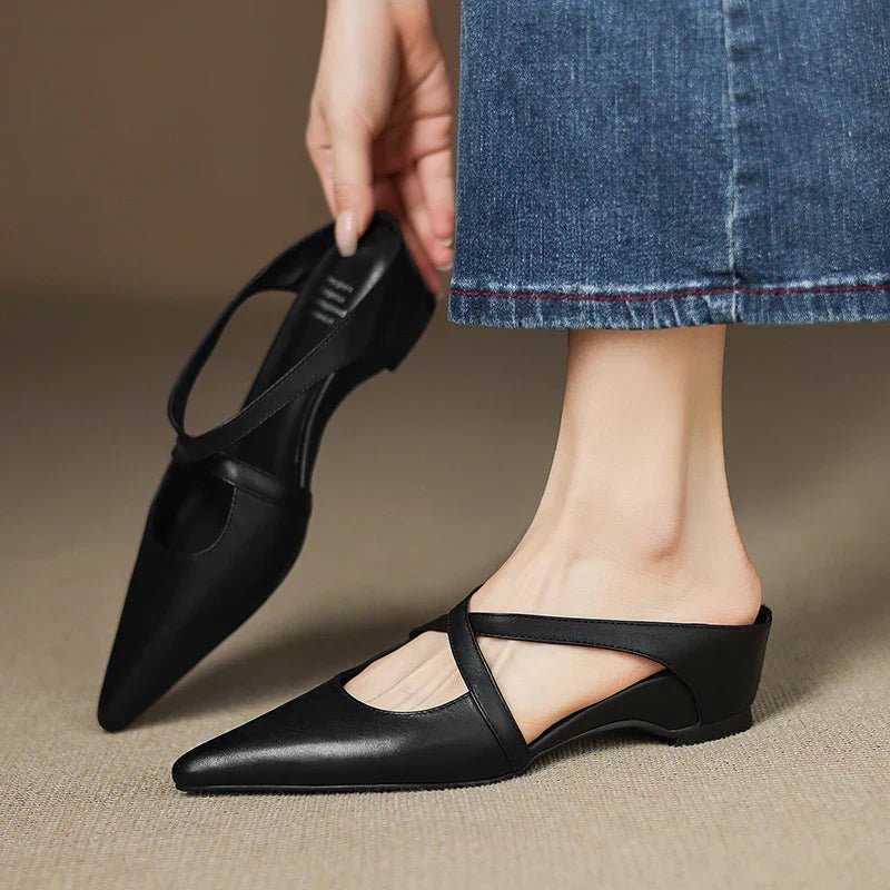 Mia Leather Crisscross Strap Heeled Mules
