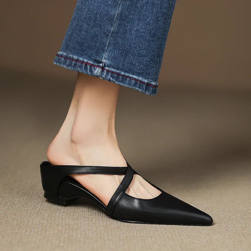 Mia Leather Crisscross Strap Heeled Mules