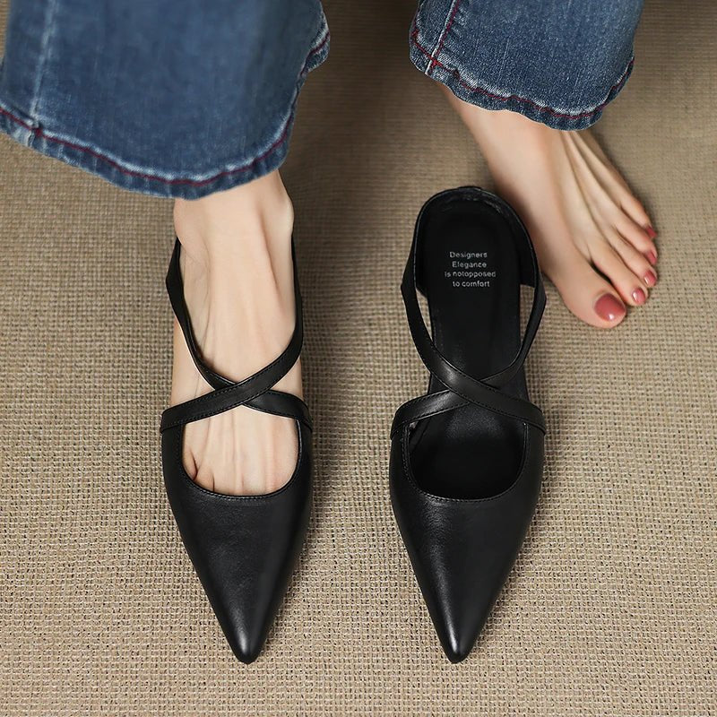 Mia Leather Crisscross Strap Heeled Mules