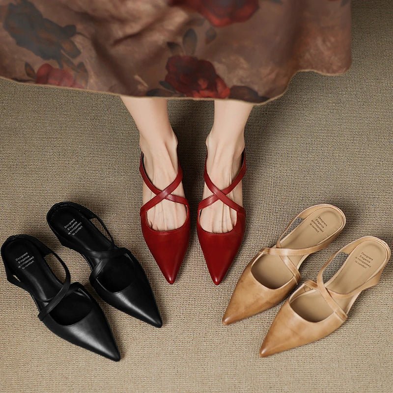 Mia Leather Crisscross Strap Heeled Mules