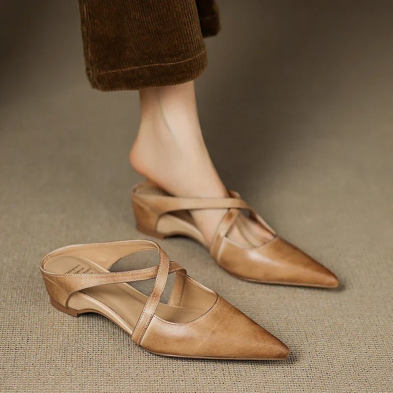 Mia Leather Crisscross Strap Heeled Mules