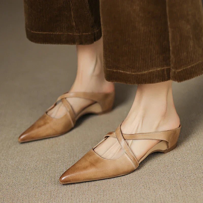 Mia Leather Crisscross Strap Heeled Mules