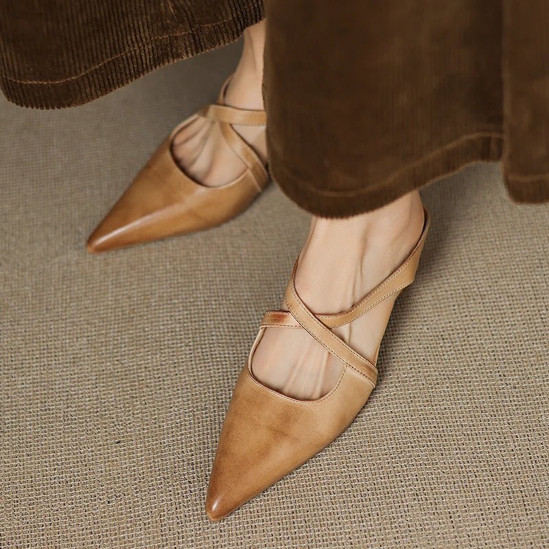 Mia Leather Crisscross Strap Heeled Mules