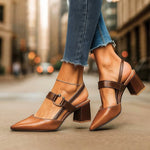 Nora Pointed Toe T-Strap Block Heel Pumps