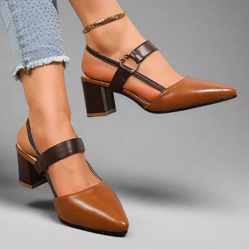 Nora Pointed Toe T-Strap Block Heel Pumps