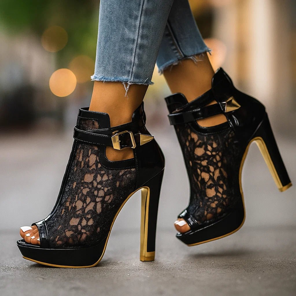 Greta Lace Peep Toe Stiletto Ankle Boots