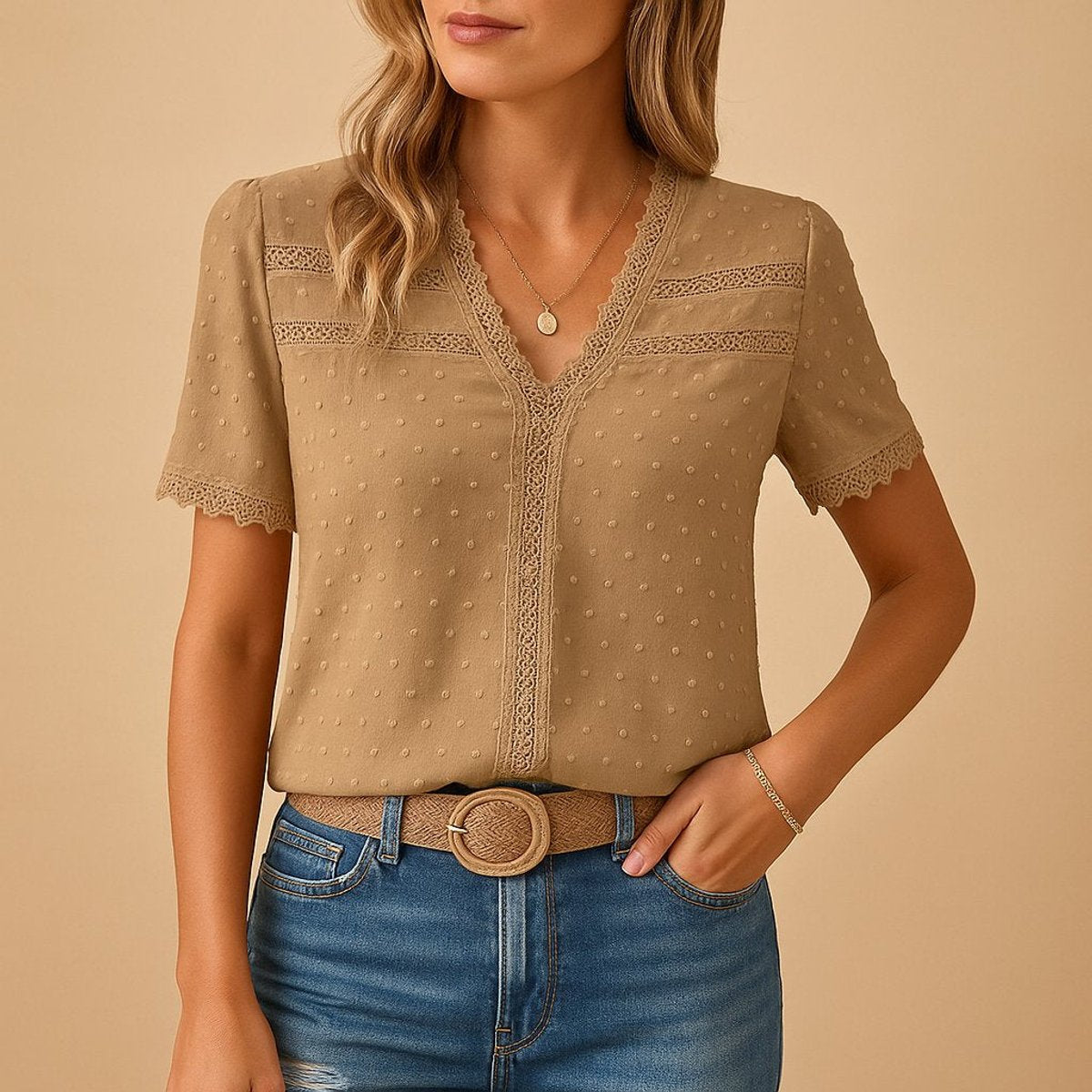 Amelie Lace-Trim Swiss Dot V-Neck Blouse
