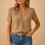 Amelie Lace-Trim Swiss Dot V-Neck Blouse