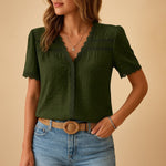 Amelie Lace-Trim Swiss Dot V-Neck Blouse