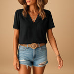 Amelie Lace-Trim Swiss Dot V-Neck Blouse