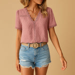 Amelie Lace-Trim Swiss Dot V-Neck Blouse