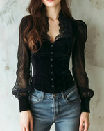 Elfriede Lace Velvet Bodice Button-Front Blouse