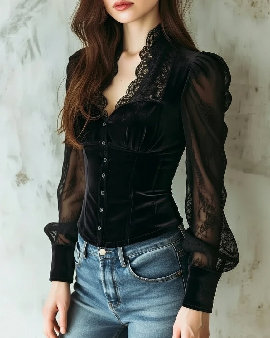 Elfriede Lace Velvet Bodice Button-Front Blouse