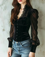 Elfriede Lace Velvet Bodice Button-Front Blouse