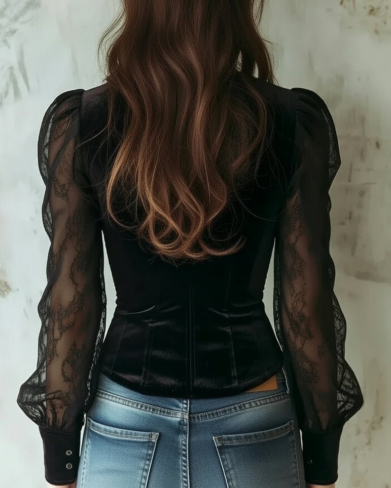 Elfriede Lace Velvet Bodice Button-Front Blouse