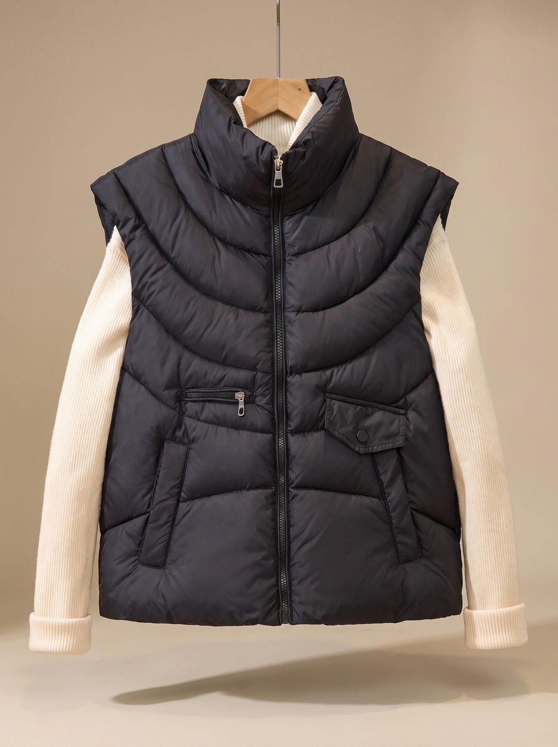 Greta Quilted Stand-Collar Utility Vest