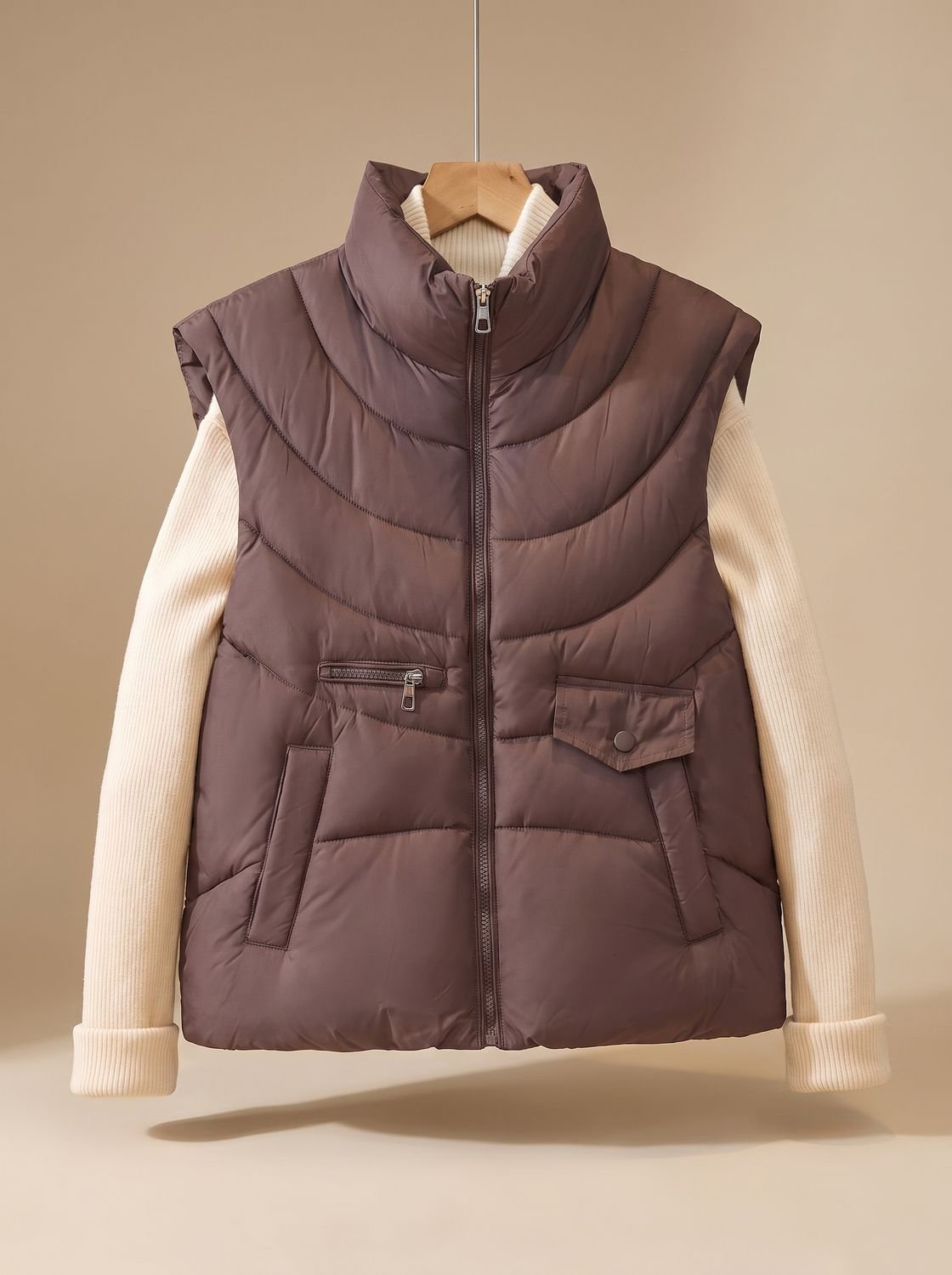 Greta Quilted Stand-Collar Utility Vest