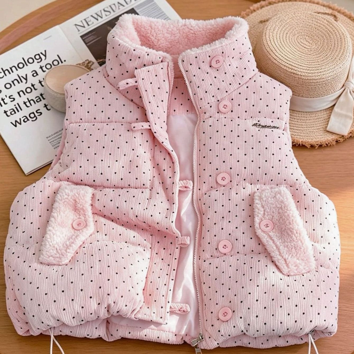 Marie Teddy-Lined Quilted Vest with Stand Collar