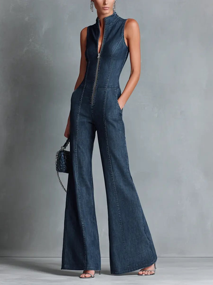 Greta Stretch Denim Flare Zip-Front Jumpsuit