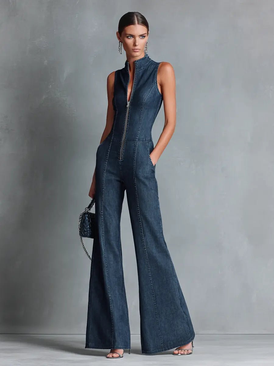 Greta Stretch Denim Flare Zip-Front Jumpsuit
