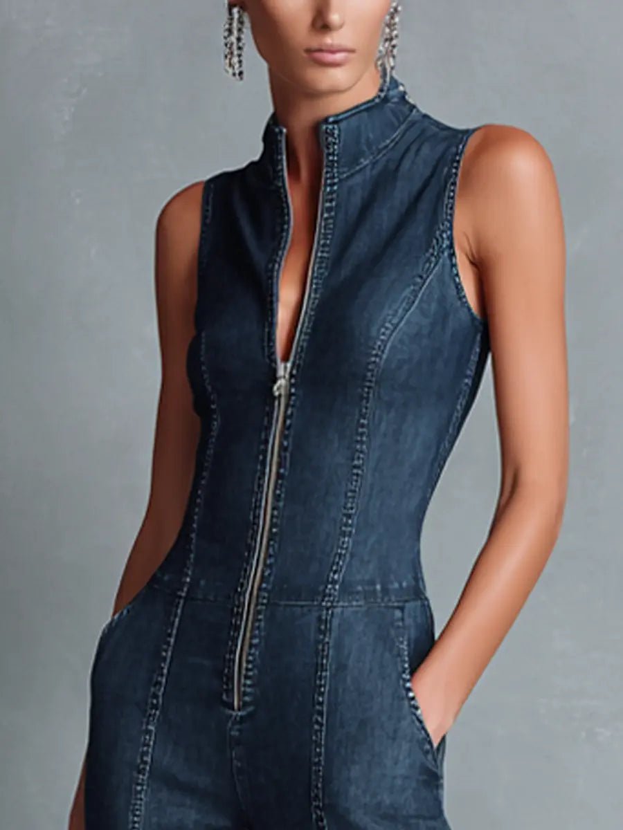 Greta Stretch Denim Flare Zip-Front Jumpsuit