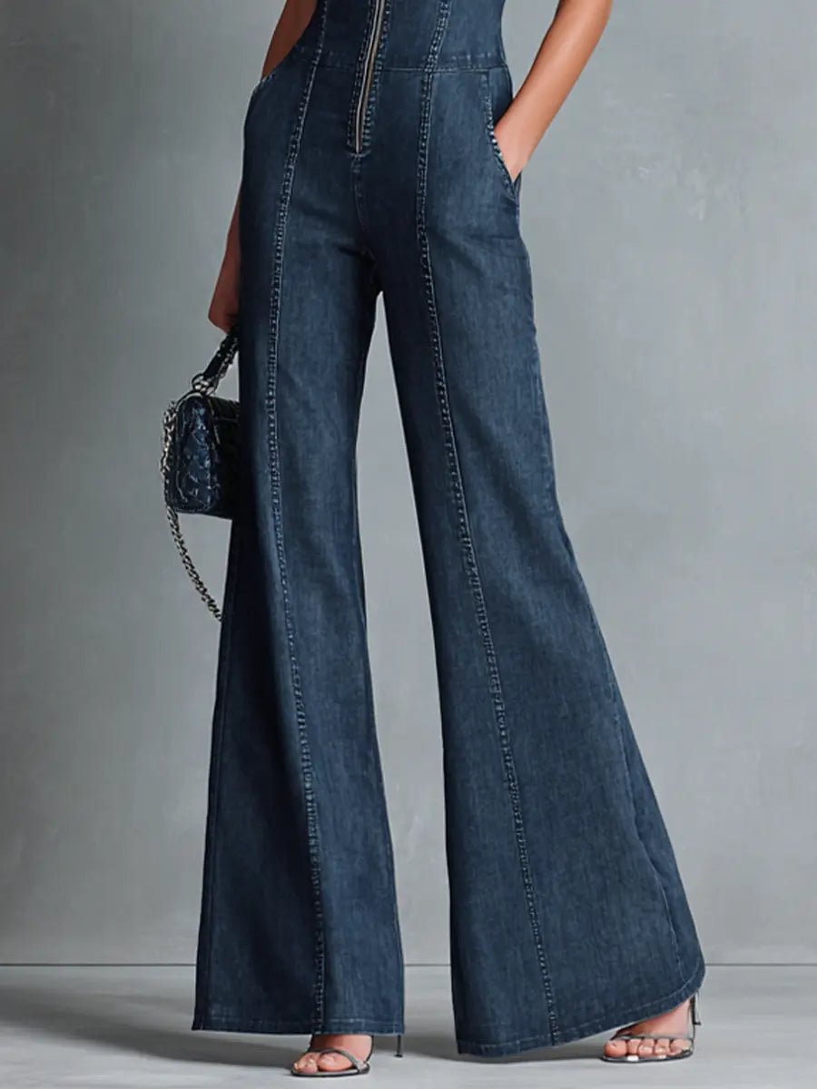 Greta Stretch Denim Flare Zip-Front Jumpsuit