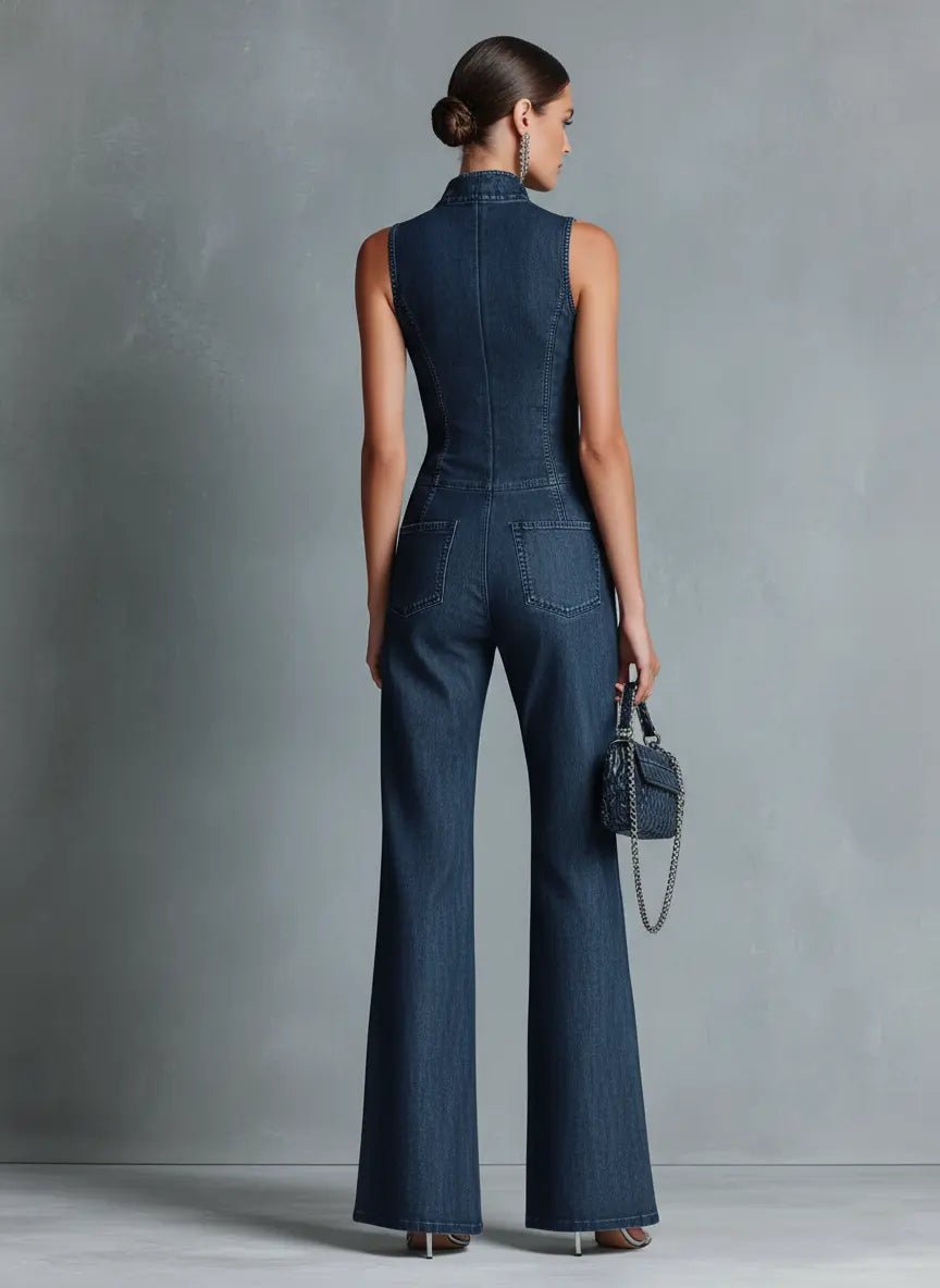 Greta Stretch Denim Flare Zip-Front Jumpsuit