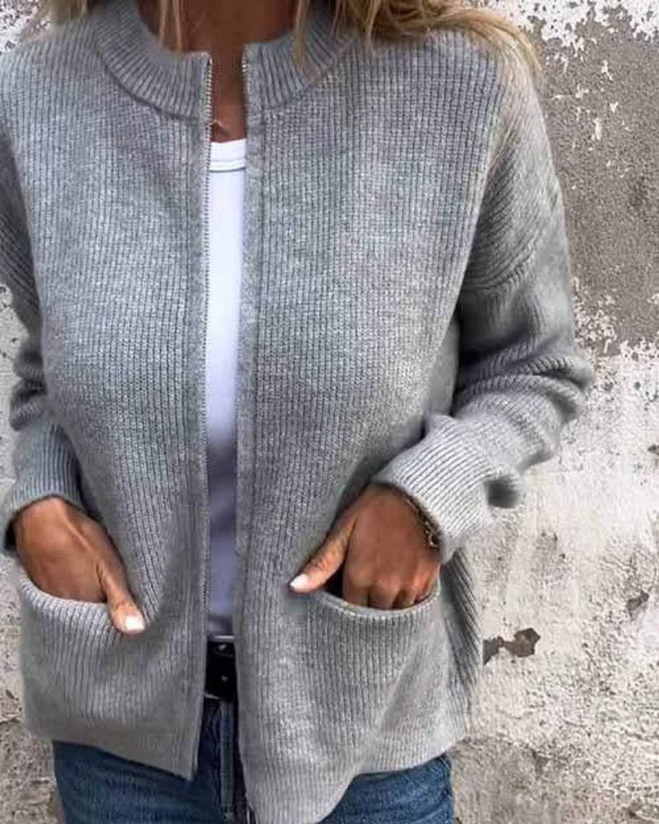 Clara Zip-Up Knit Cardigan with Relaxed Fit and Front Pockets
