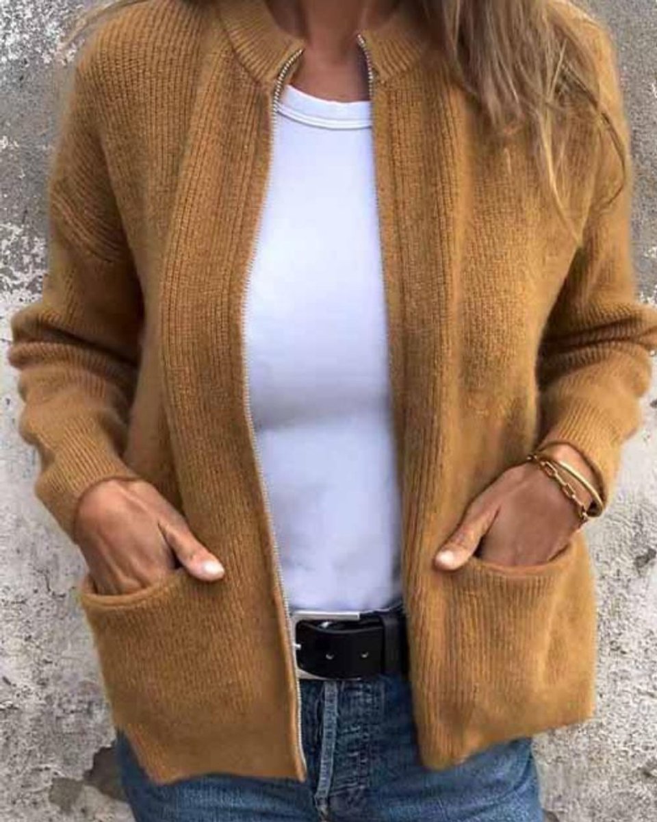 Clara Zip-Up Knit Cardigan with Relaxed Fit and Front Pockets