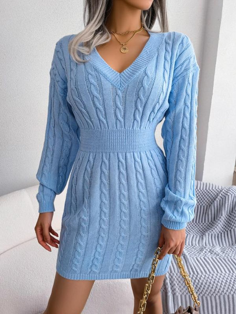 Frieda Long-Sleeve V-Neck Fitted Sweater Dress