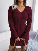 Frieda Long-Sleeve V-Neck Fitted Sweater Dress