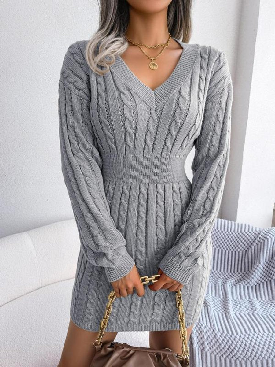 Frieda Long-Sleeve V-Neck Fitted Sweater Dress