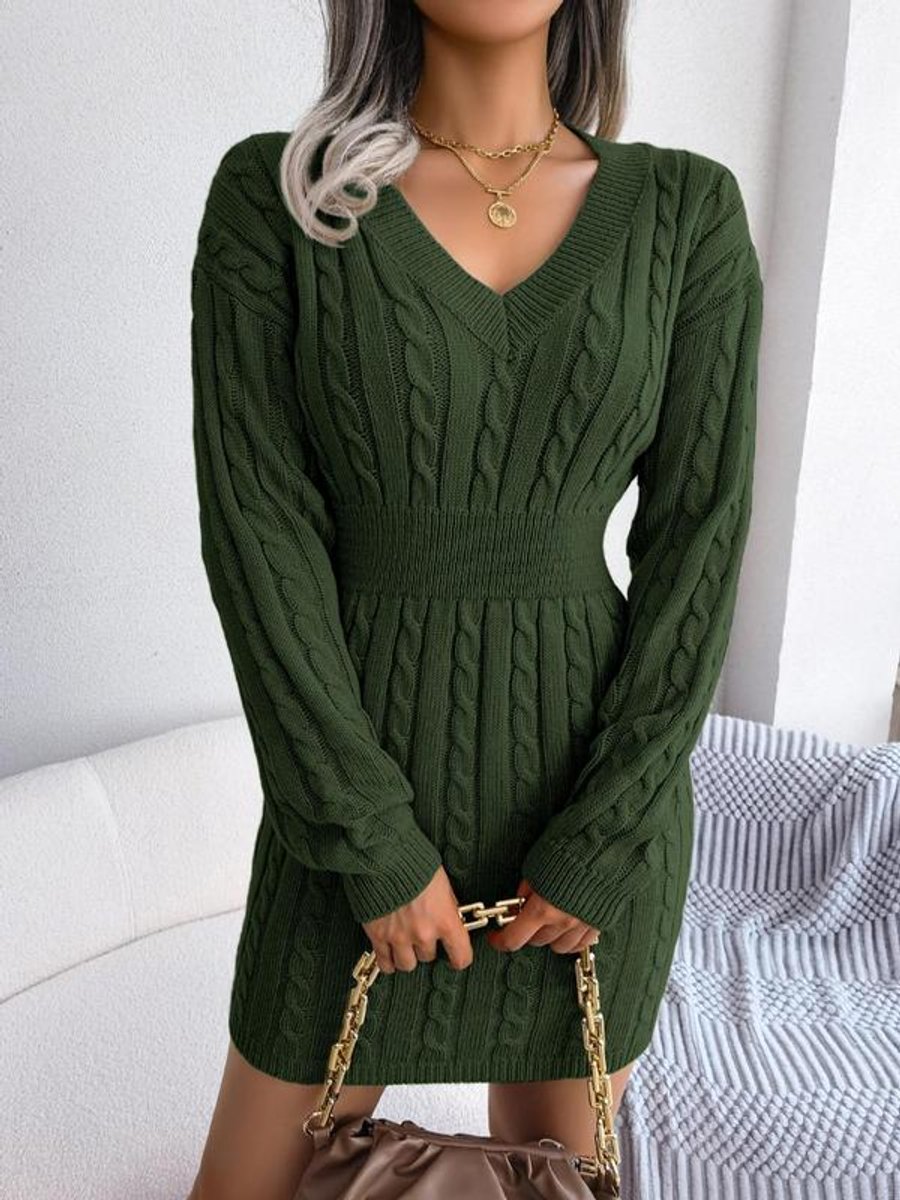 Frieda Long-Sleeve V-Neck Fitted Sweater Dress