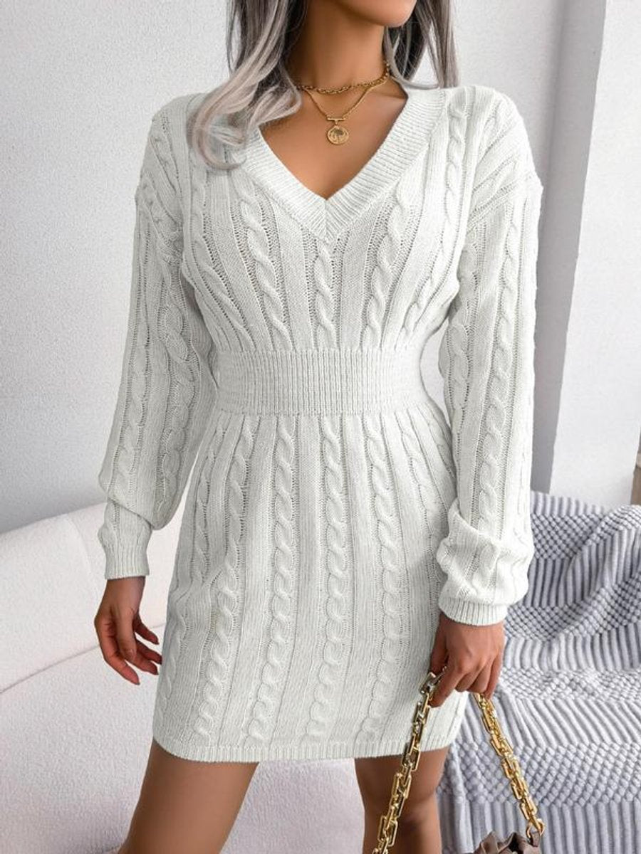 Frieda Long-Sleeve V-Neck Fitted Sweater Dress