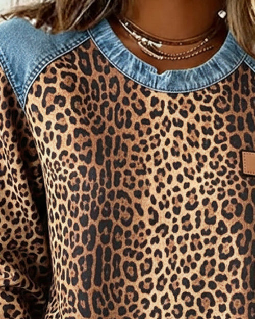 Charlotte Leopard Denim Patchwork Sweatshirt