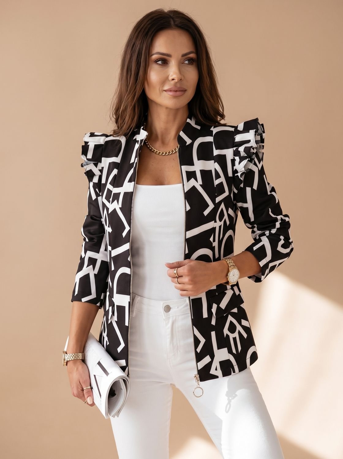 Amelie Ruffle Shoulder Graphic Print Blazer