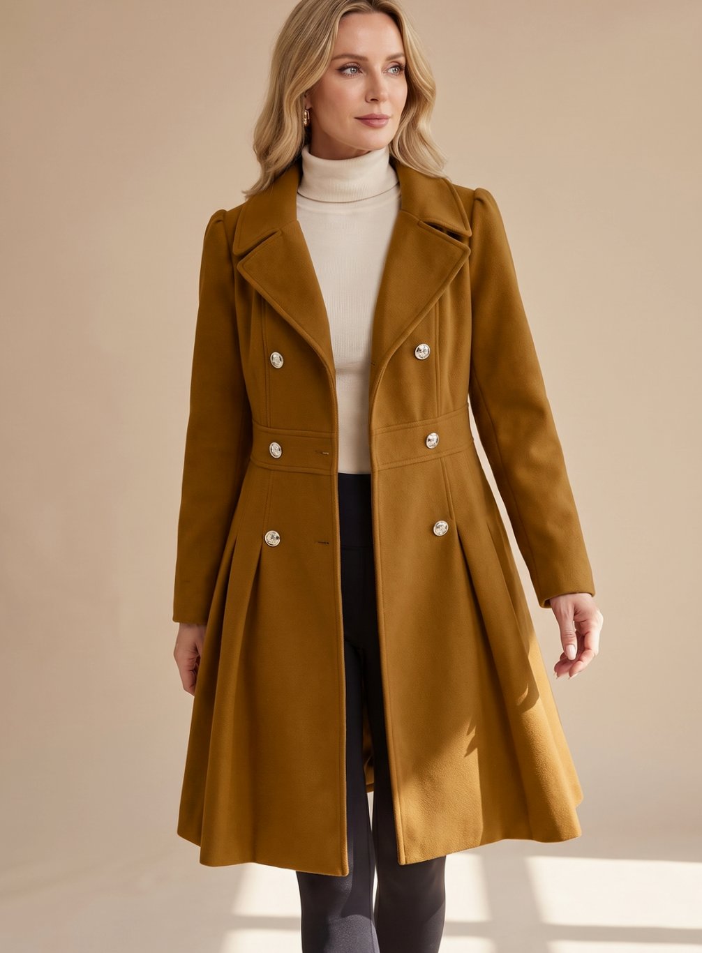 Greta Fitted Double-Breasted Flared Wool Coat with Pockets