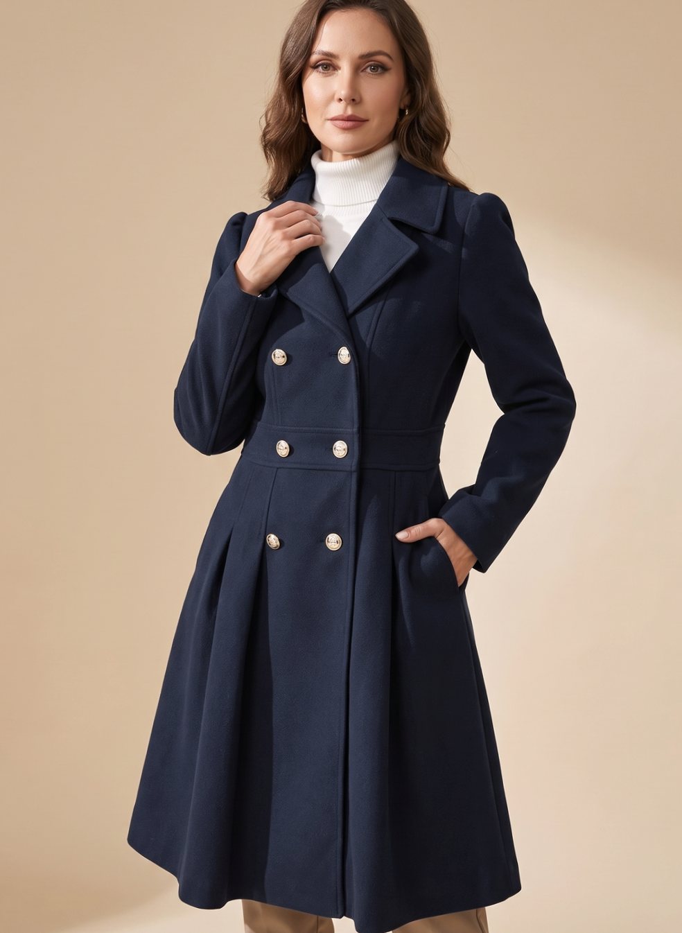 Greta Fitted Double-Breasted Flared Wool Coat with Pockets