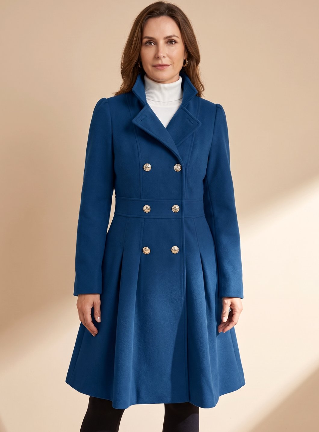 Greta Fitted Double-Breasted Flared Wool Coat with Pockets